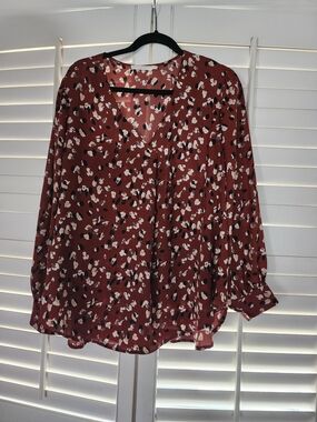 Lush Rust Floral V-Neck Long Sleeve Blouse